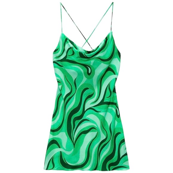 Zara Safia Dress Micro Mini 70s Inspired Criss Cross Straps Abstract Green Small - Picture 13 of 15